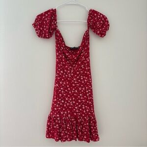red pretty little thing off the shoulder puff sleeve dress